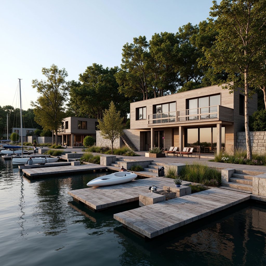 Prompt: Waterfront location, serene lake views, rustic wooden docks, sailboats, kayaks, lush greenery, mature trees, natural stone walls, modern boathouse architecture, large windows, glass doors, outdoor decks, wooden accents, nautical themed decor, warm cozy lighting, shallow depth of field, 1/2 composition, panoramic view, realistic water reflections, ambient occlusion.