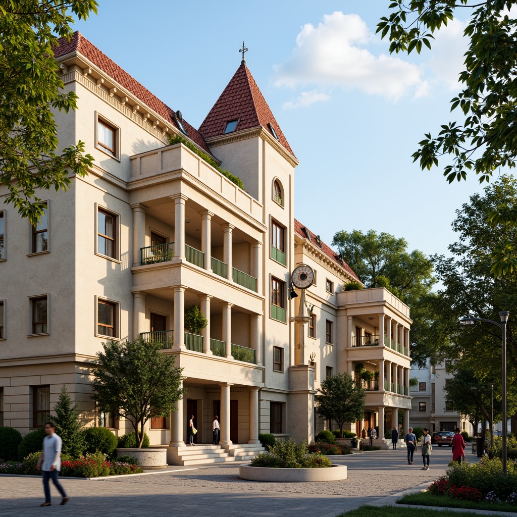 Prompt: Elegant social housing complex, classicist facade, ornate columns, symmetrical architecture, grand entrance, majestic clock tower, creamy stone walls, red terracotta roof tiles, lush green balconies, ornamental railings, intricate moldings, soft warm lighting, shallow depth of field, 1/1 composition, realistic textures, ambient occlusion, serene neighborhood, mature trees, vibrant flower planters, sunny afternoon, gentle breeze.