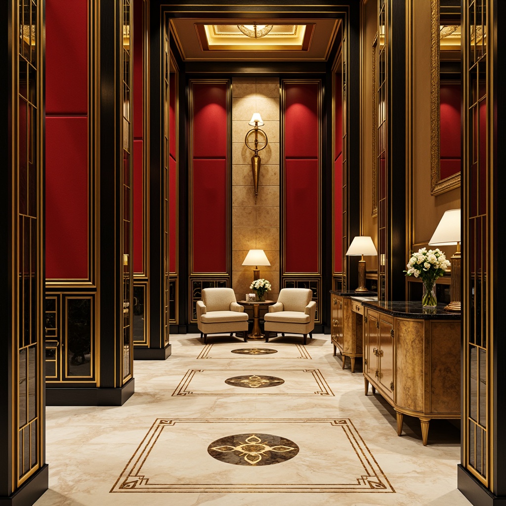 Prompt: Luxurious Art Deco interior, opulent golden accents, rich jewel-toned walls, lavish velvet fabrics, ornate metalwork details, geometric patterns, bold black outlines, metallic silver highlights, luxurious marble floors, warm beige backgrounds, soft cream textures, sophisticated 1920s flair, dramatic spot lighting, high-contrast shadows, intricate inlays, ornamental motifs.