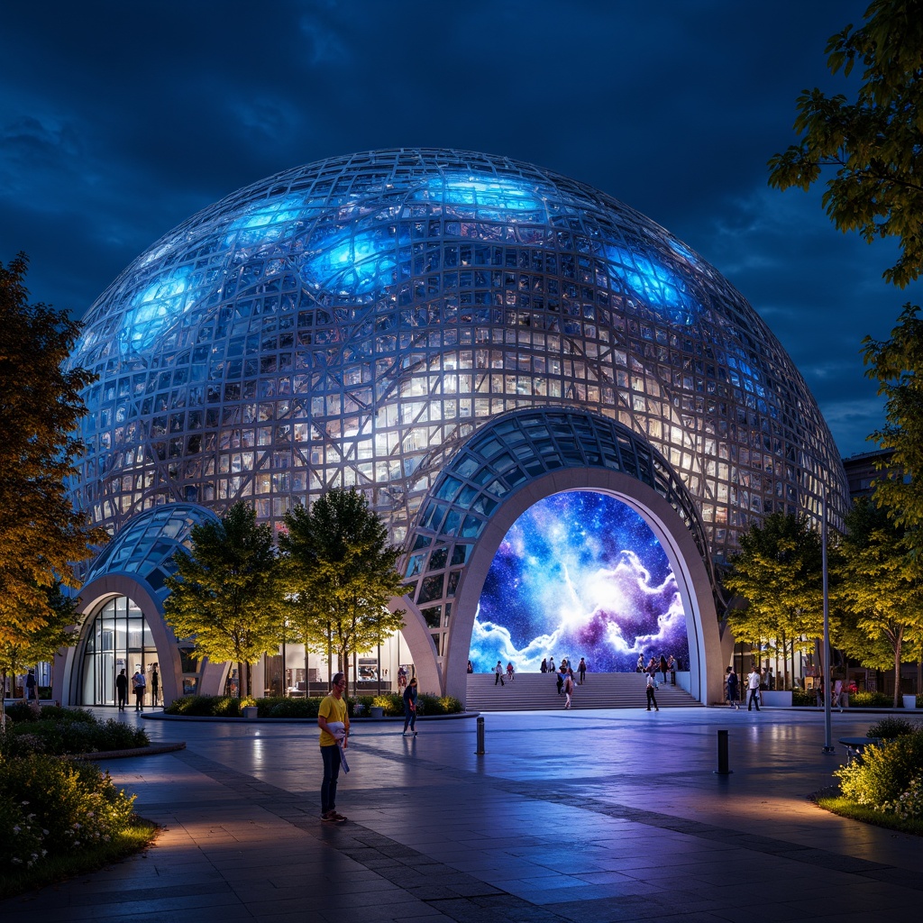 Prompt: Geodesic dome structure, futuristic planetarium building, sleek metallic fa\u00e7ade, iridescent glass panels, LED light installations, nebula-inspired patterns, starry night sky projections, astronomy-themed murals, modernist architectural style, curved lines, minimalist ornamentation, atmospheric misting systems, ambient lighting effects, shallow depth of field, 1/1 composition, realistic reflective surfaces, high-dynamic-range imaging.