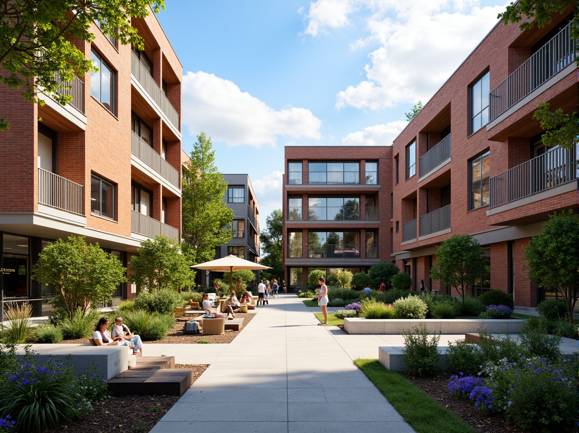 Prompt: Vibrant campus courtyard, rustic brick walls, modern glass fa\u00e7ades, wooden accents, metallic cladding, concrete pathways, lush greenery, blooming flowers, natural stone benches, educational signage, fusion of traditional and contemporary architecture, eclectic mix of materials, bold color schemes, dramatic lighting effects, shallow depth of field, 3/4 composition, panoramic view, realistic textures, ambient occlusion.