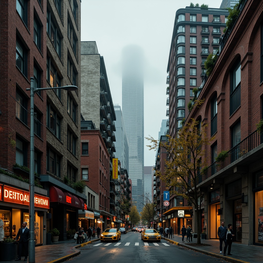 Prompt: Moody urban skyscrapers, gritty cityscape, industrial chic, exposed brick facades, metallic accents, neon signage, vibrant street art, eclectic architectural styles, mix of modern and vintage elements, distressed concrete textures, atmospheric foggy day, warm golden lighting, shallow depth of field, 1/2 composition, cinematic framing, realistic renderings, advanced ambient occlusion.