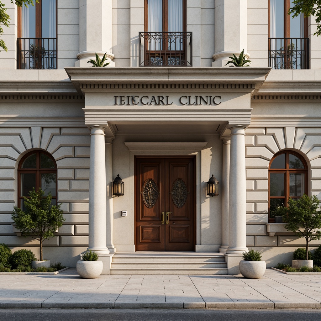 Prompt: Elegant clinic facade, neoclassical architecture, symmetrical composition, grand entrance, ionic columns, ornate capitals, decorative cornices, limestone walls, bronze door handles, large windows, wooden shutters, subtle arches, soft natural lighting, shallow depth of field, 1/2 composition, realistic textures, ambient occlusion.