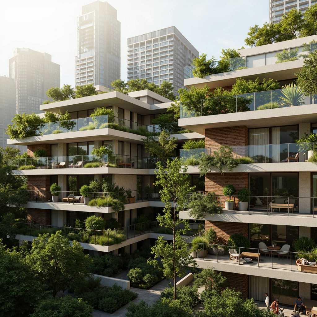 Prompt: Vibrant green roofs, lush vertical gardens, modern apartment complex, experimental architecture design, integrated landscape features, natural stone walls, wooden accents, floor-to-ceiling windows, sliding glass doors, spacious balconies, urban skyline views, misty morning atmosphere, soft warm lighting, shallow depth of field, 1/1 composition, realistic textures, ambient occlusion.