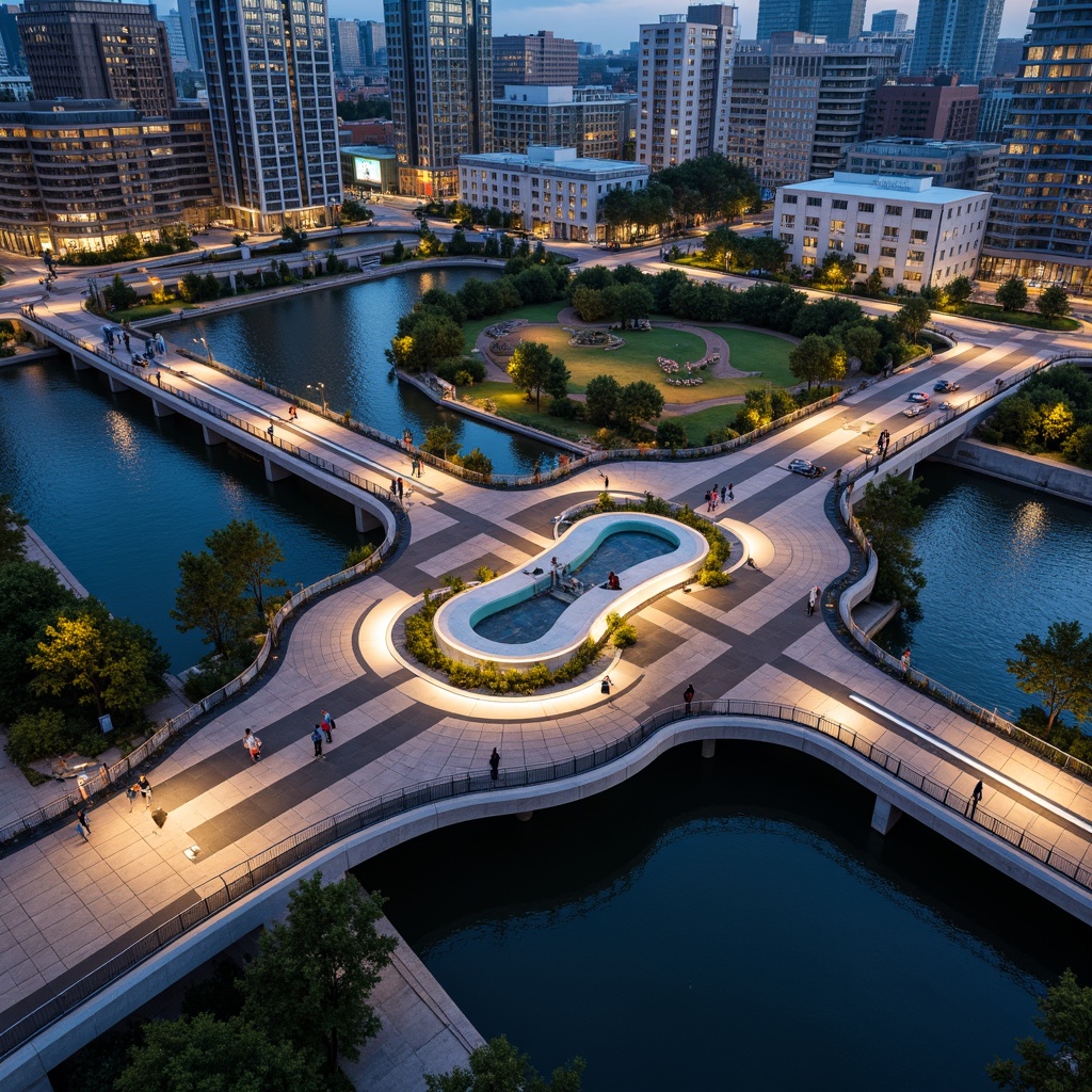 Prompt: Urban bridge, modern architectural design, steel structure, suspended walkway, cityscape views, pedestrian traffic, cyclist lanes, vehicle routes, public art installations, LED lighting systems, nighttime ambiance, urban renewal projects, revitalized waterfronts, river crossings, canal connections, futuristic urban planning, sustainable infrastructure development, eco-friendly materials, green roofs, innovative drainage systems, rainwater harvesting, shaded outdoor spaces, misting systems, dynamic urban landscapes, 3/4 composition, panoramic view, realistic textures, ambient occlusion.