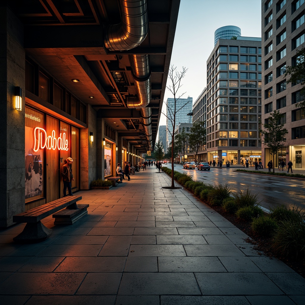 Prompt: Moody urban landscape, gritty concrete walls, metallic accents, neon signage, vibrant street art, industrial chic, exposed ductwork, reclaimed wood textures, sleek glass facades, modern skyscrapers, bustling city streets, warm golden lighting, deep shadows, cinematic atmosphere, 1/2 composition, low-angle shot, dramatic contrast, richly saturated colors.