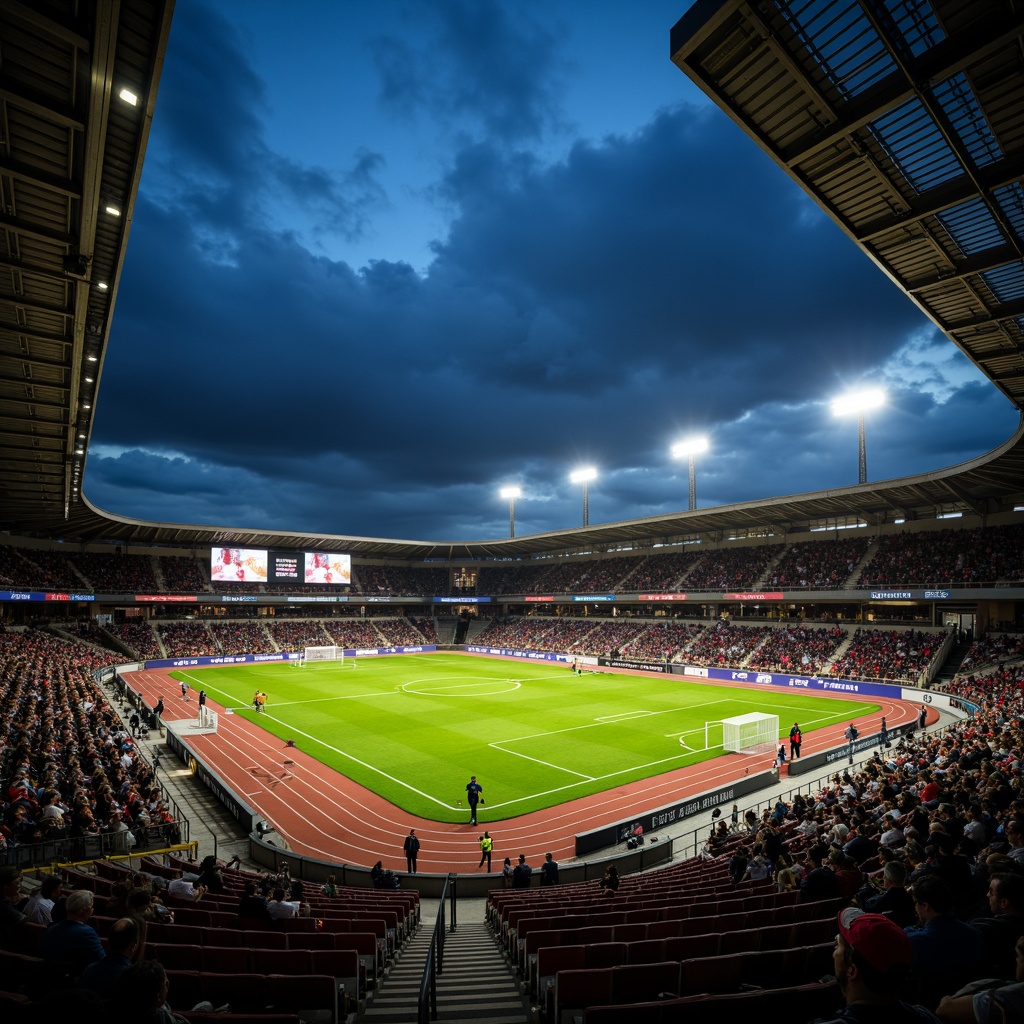 Prompt: Floodlit soccer stadium, evening atmosphere, dramatic shadows, vibrant green grass, sleek metal bleachers, cantilevered roofs, angular lines, modern architecture, LED scoreboard displays, stadium seating, athletic track lanes, goalposts, nets, floodlights, warm golden lighting, high-contrast ratio, shallow depth of field, 2/3 composition, panoramic view, realistic textures, ambient occlusion.