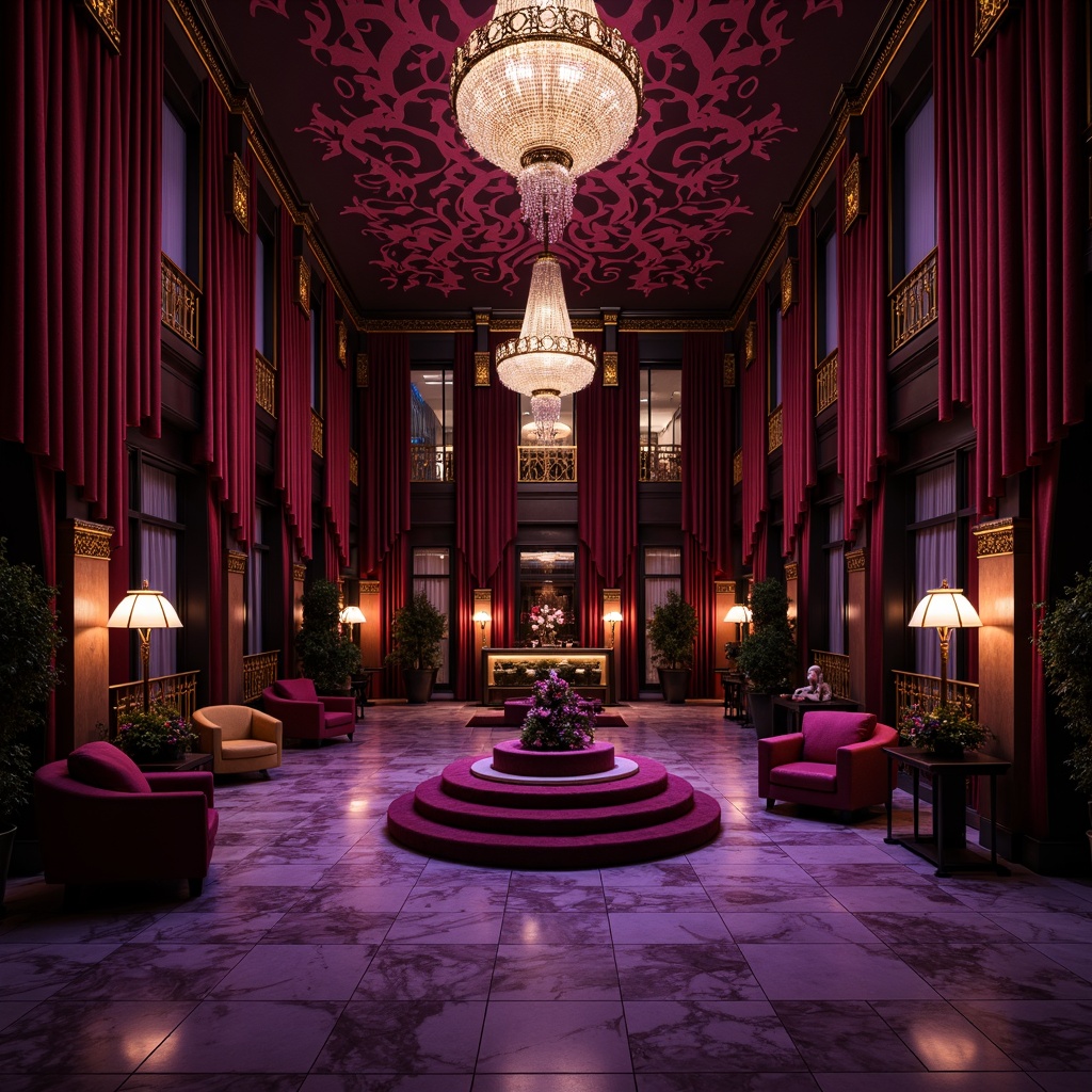 Prompt: Rich plum hues, luxurious velvet fabrics, ornate golden accents, majestic crystal chandeliers, opulent marble floors, dramatic high ceilings, lavish furnishings, bold architectural details, mysterious nighttime ambiance, soft warm lighting, cinematic composition, deep shadows, rich textures, vibrant color contrast, 3/4 frame aspect ratio.