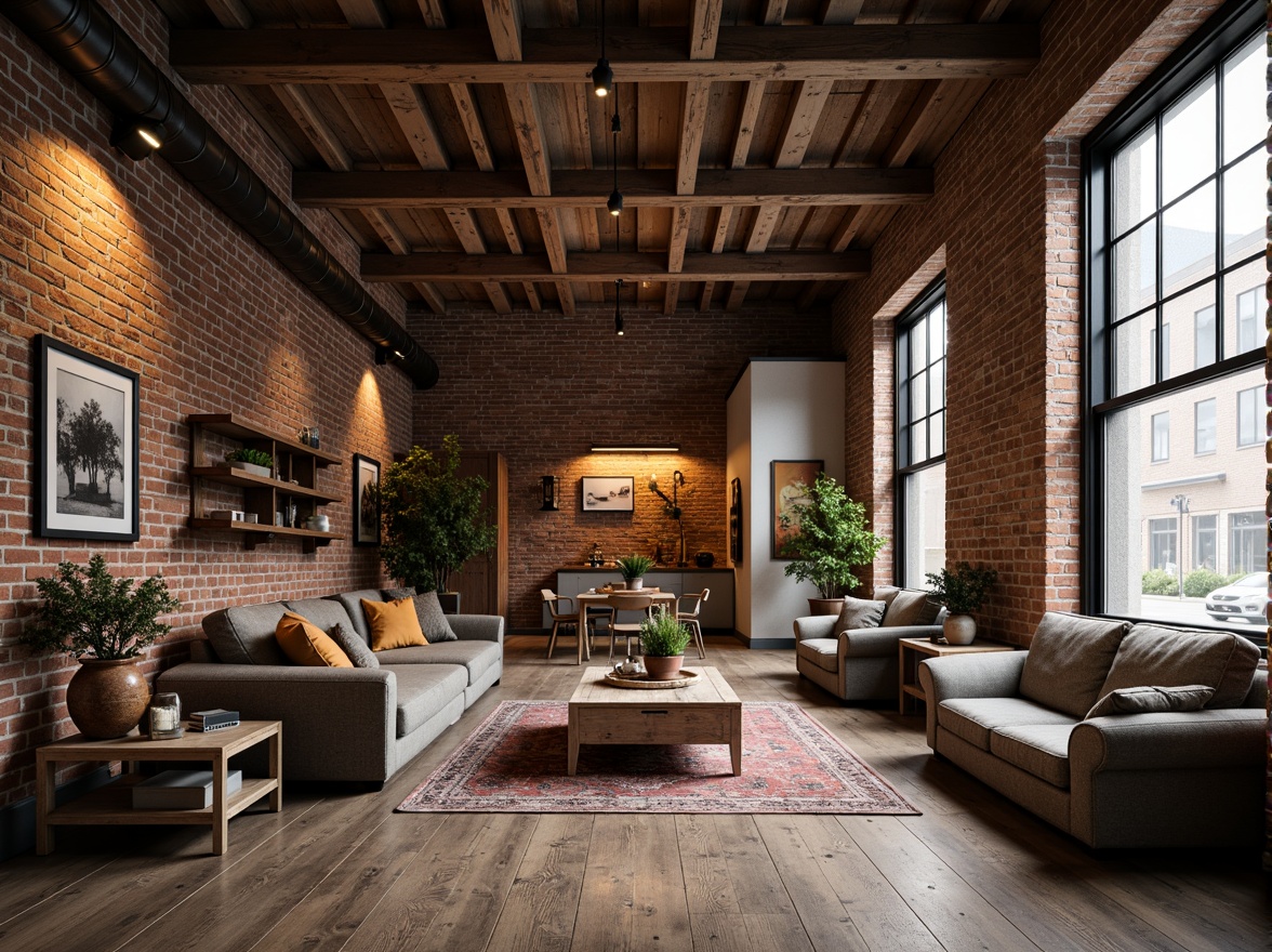 Prompt: Exposed brick walls, industrial metal beams, reclaimed wood accents, vintage decorative elements, earthy color palette, cozy atmospheric lighting, rustic charm, urban loft ambiance, open-plan living spaces, minimalist decor, functional simplicity, eclectic furniture pieces, distressed textures, worn-out finishes, natural materials, organic shapes, relaxed composition, soft warm glow, intimate scale, 1/1 aspect ratio, shallow depth of field, realistic rendering.