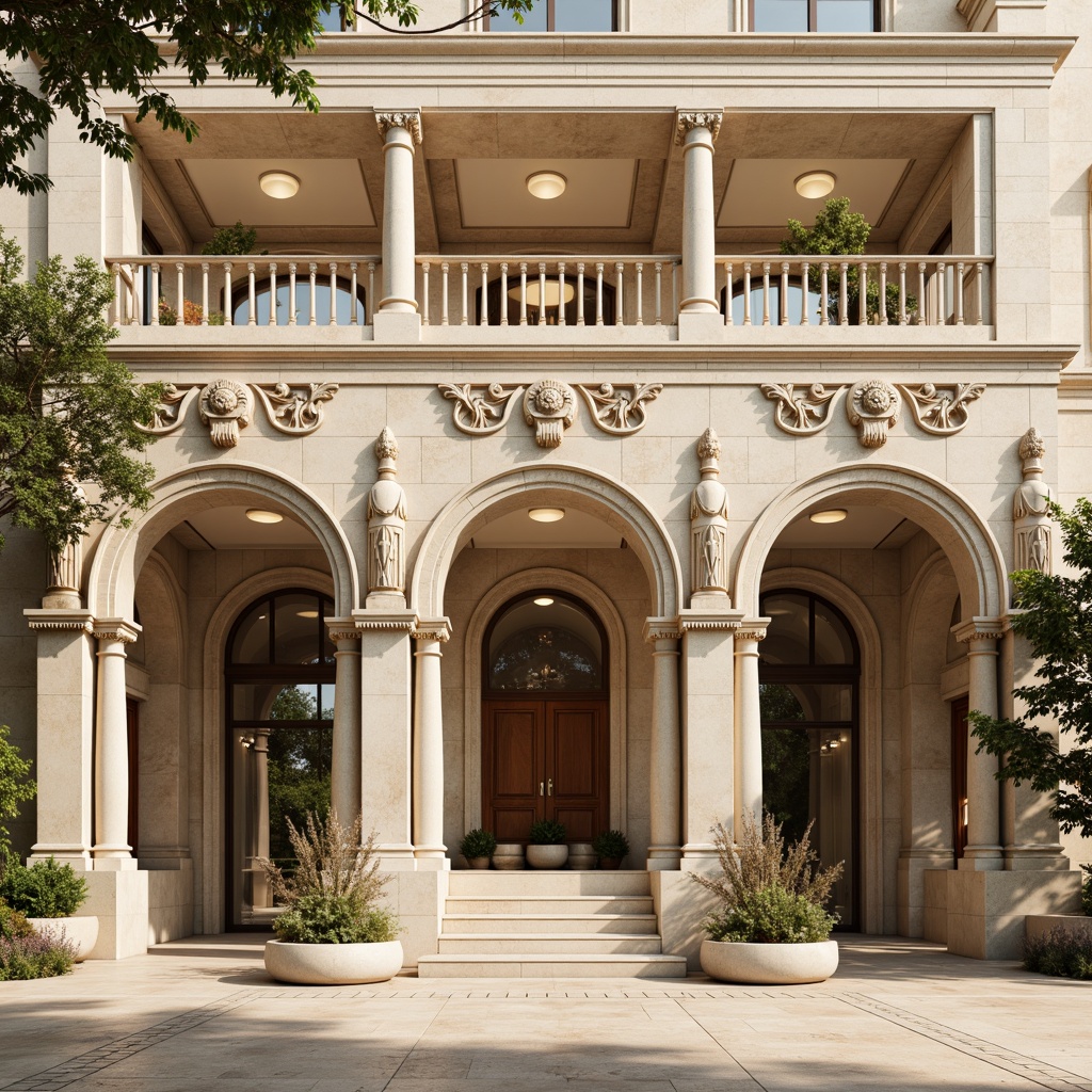 Prompt: Intricate stonework facades, ornate cornices, grand entrance archways, symmetrical columns, rusticated bases, classical pediments, subtle pilasters, elegant balustrades, refined moldings, soft beige stone tones, gentle cream accents, warm golden lighting, shallow depth of field, 1/1 composition, realistic textures, ambient occlusion.