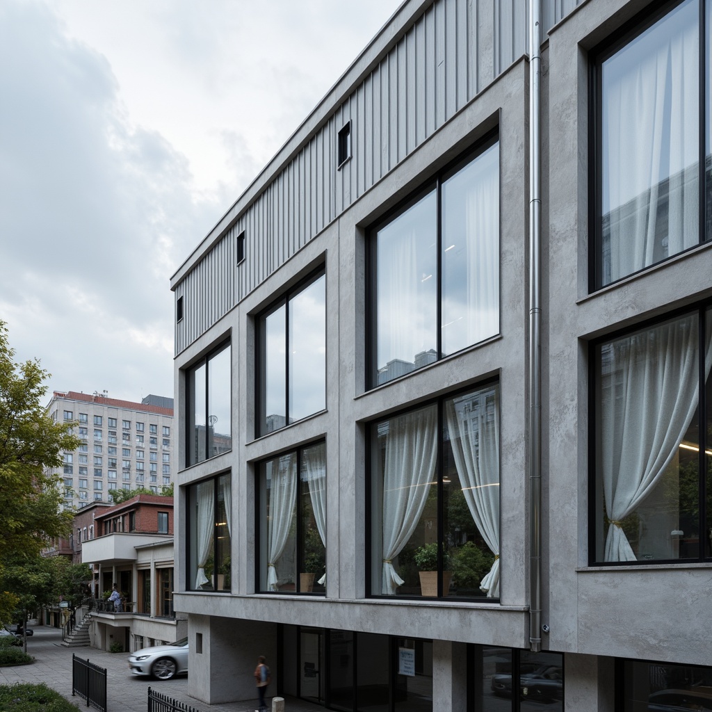 Prompt: Modern building facade, industrial metal panels, rough concrete textures, sleek glass surfaces, minimalist design, urban cityscape, cloudy grey sky, soft natural light, shallow depth of field, 3/4 composition, realistic materials, ambient occlusion, subtle color palette, geometric patterns, clean lines, contemporary architecture, functional simplicity, sustainable building practices.