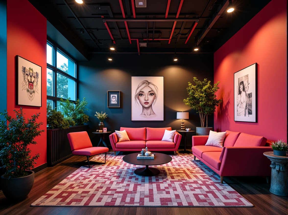 Prompt: Vibrant modern interior, bold color accents, sleek furniture, geometric patterns, contrasting textures, statement lighting fixtures, eclectic decorative pieces, abstract artwork, dynamic spatial layout, 1/1 composition, high contrast ratio, dramatic shadows, soft natural light, atmospheric ambiance.