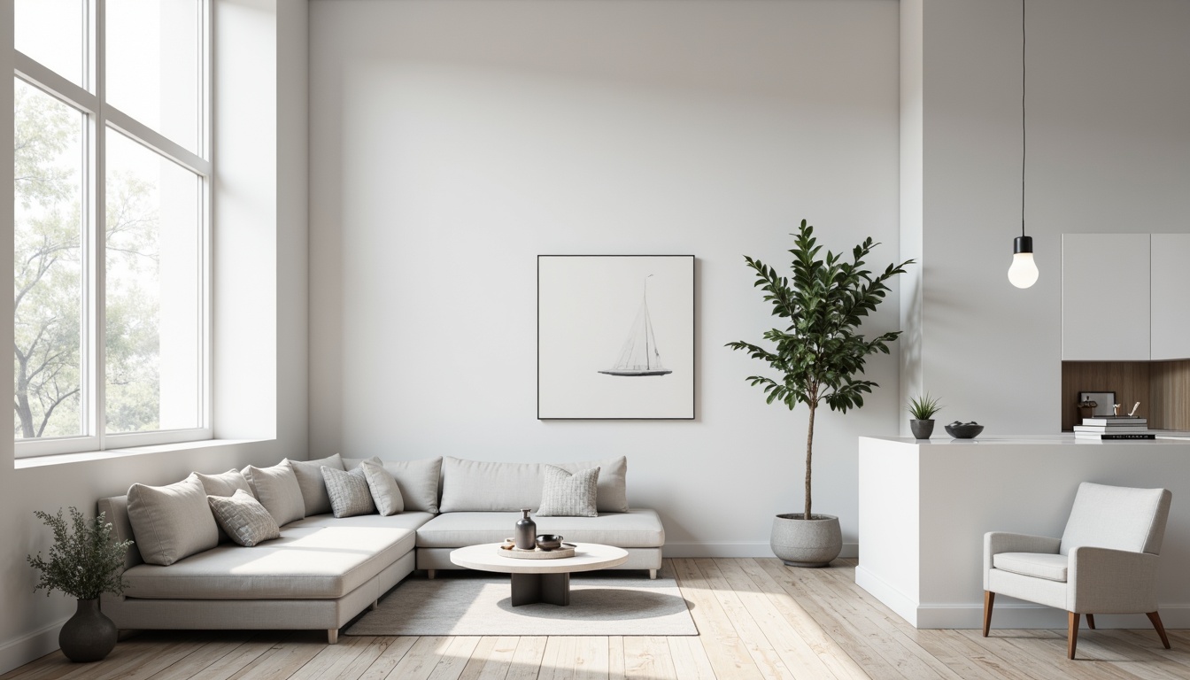 Prompt: Monochromatic interior, sleek lines, minimal ornaments, empty spaces, natural light, wooden floors, white walls, low-profile furniture, hidden storage, Scandinavian-inspired decor, industrial-chic accents, geometric shapes, matte finishes, calm atmosphere, soft diffused lighting, shallow depth of field, 1/1 composition, realistic textures.