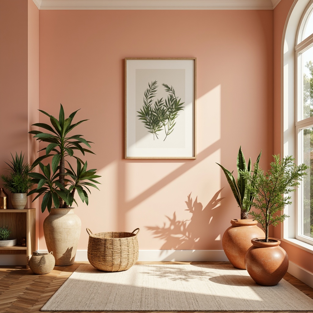 Prompt: Warm peach tones, soft blush hues, creamy whites, rich wood accents, natural textiles, woven baskets, earthy terracotta pots, lush greenery, botanical patterns, elegant typography, minimalist compositions, shallow depth of field, warm golden lighting, 1/1 aspect ratio, realistic renderings, ambient occlusion.