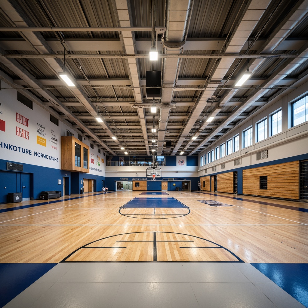 Prompt: \Modern gymnasium interior, open-plan layout, flexible multi-functional spaces, movable partitions, retractable bleachers, modular flooring systems, adaptable lighting fixtures, natural ventilation systems, minimalist design, industrial chic aesthetic, exposed ductwork, polished concrete floors, wooden accents, vibrant color schemes, motivational quotes, athletic-inspired murals, dynamic LED lighting, shallow depth of field, 1/2 composition, realistic textures, ambient occlusion.\