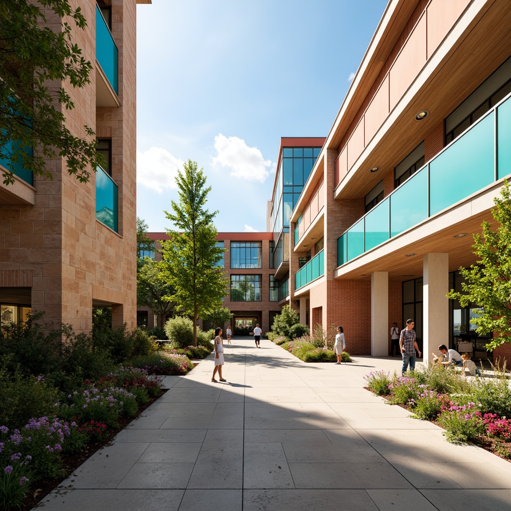 Prompt: Vibrant campus scene, fusion of modern and traditional architecture, warm beige stone walls, rich wood accents, cool gray steel beams, sleek glass facades, lush greenery, blooming flowers, vibrant turquoise accents, soft peach tones, creamy white columns, bold red brick details, eclectic mix of materials, natural textures, dynamic shadows, shallow depth of field, 1/1 composition, realistic renderings, ambient occlusion.