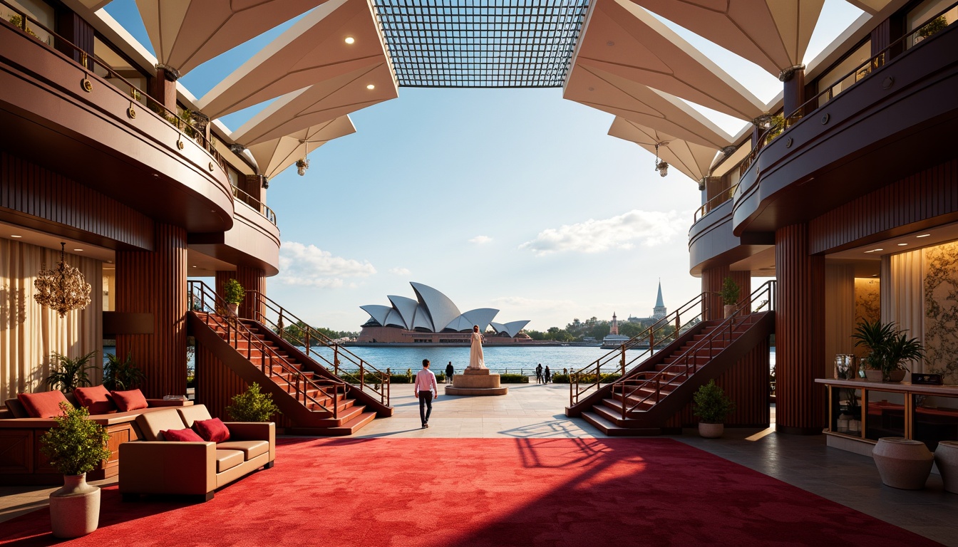 Prompt: Vibrant Sydney Opera House, sweeping white roofs, iridescent glass fa\u00e7ade, bold red carpeting, rich wooden accents, brass hardware, dramatic spotlights, grand staircases, opulent chandeliers, majestic harbor views, sunny Australian day, soft natural lighting, high-contrast shadows, 1/1 composition, symmetrical framing, ornate details, realistic reflections, ambient occlusion.