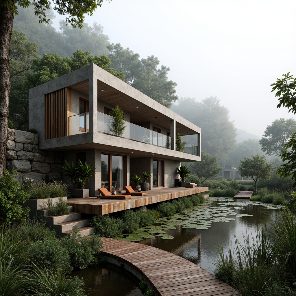 Prompt: Rustic villa, brutalist architecture, rugged stone walls, cantilevered roofs, expansive windows, natural wood accents, earthen floors, lush wetland surroundings, serene water features, winding boardwalks, native aquatic plants, misty atmosphere, soft diffused lighting, shallow depth of field, 2/3 composition, panoramic view, realistic textures, ambient occlusion.