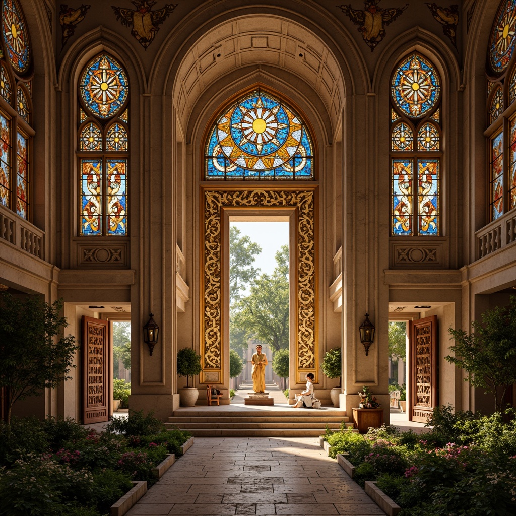 Prompt: Sacred temple, grand entrance, symmetrical architecture, ornate carvings, golden accents, vibrant stained glass windows, intricate mosaics, prayer halls, serene ambiance, soft warm lighting, shallow depth of field, 3/4 composition, panoramic view, realistic textures, ambient occlusion, sacred artifacts, ritualistic objects, spiritual symbols, peaceful courtyard, lush greenery, natural stone pathways, water features, reflection pools, devotional spaces, meditation areas, contemplative atmosphere.