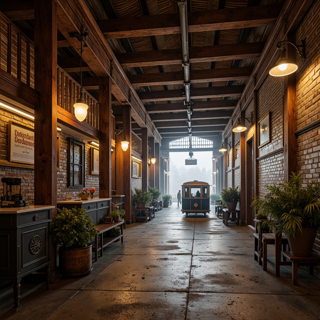 Prompt: Vintage tram station, rustic metal beams, distressed wooden accents, worn concrete floors, industrial-style lighting, exposed brick walls, retro-style signage, ornate ironwork details, mosaic tile patterns, warm earthy tones, rich wood grains, soft ambient lighting, shallow depth of field, 2/3 composition, realistic textures, atmospheric fog effects.