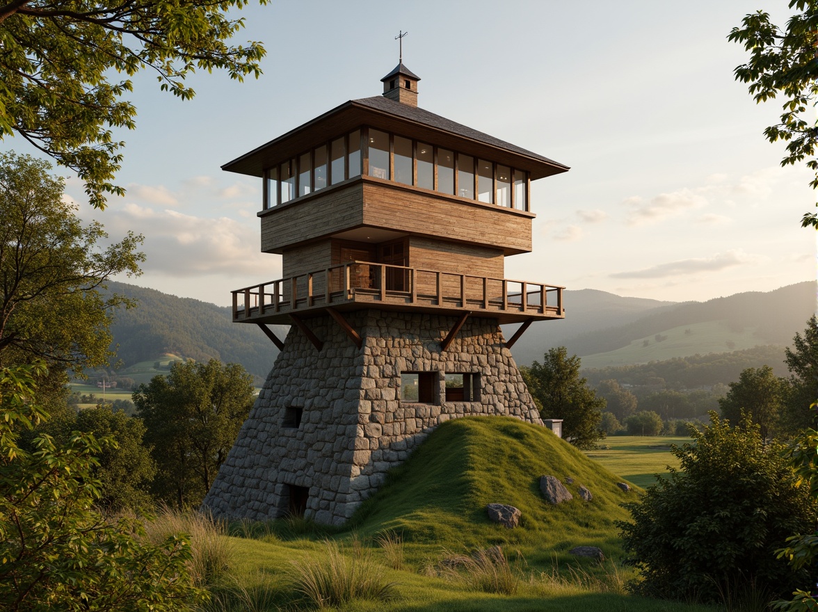 Prompt: Rustic watching tower, wooden accents, earthy tones, natural stone foundations, curved lines, blend with surrounding landscape, rolling hills, lush green meadows, scattered trees, serene atmosphere, warm golden lighting, soft focus, shallow depth of field, 1/1 composition, panoramic view, realistic textures, ambient occlusion.