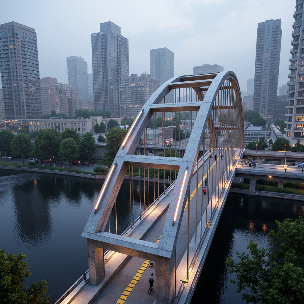 Prompt: Urban bridge, futuristic architecture, metallic structure, LED lighting, pedestrian walkways, cycling lanes, vehicular traffic flow, cityscape views, steel beams, suspension cables, geometric shapes, modern urban planning, sustainable infrastructure, eco-friendly materials, green roofs, integrated public art, dynamic light installations, misty morning atmosphere, soft warm glow, shallow depth of field, 1/2 composition, realistic textures, ambient occlusion.