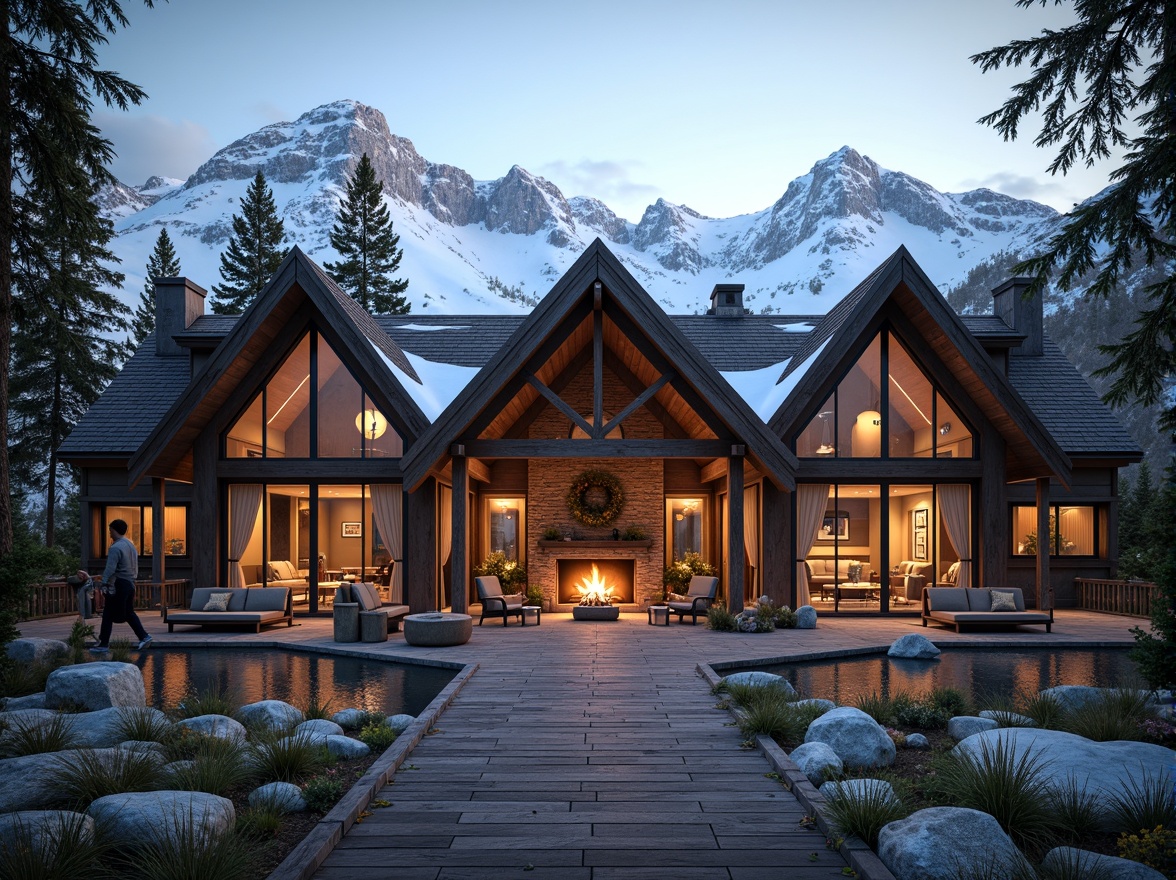 Prompt: Rustic mountain lodge, gabled roofs, wooden trusses, earthy tones, natural stone walls, cozy fireplaces, snow-covered peaks, evergreen trees, misty mornings, warm ambient lighting, shallow depth of field, 1/1 composition, realistic textures, ambient occlusion.