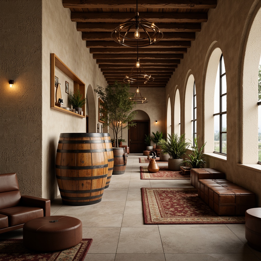 Prompt: Earth-toned winery, rustic wooden barrels, vintage wine-making equipment, stone walls, natural light pouring in through large windows, soft warm ambiance, neutral color palette, beige tones, weathered wood accents, rich brown leather furniture, industrial metal decor, modern minimalist chandeliers, dimmed lighting, 1/1 composition, realistic textures, ambient occlusion.