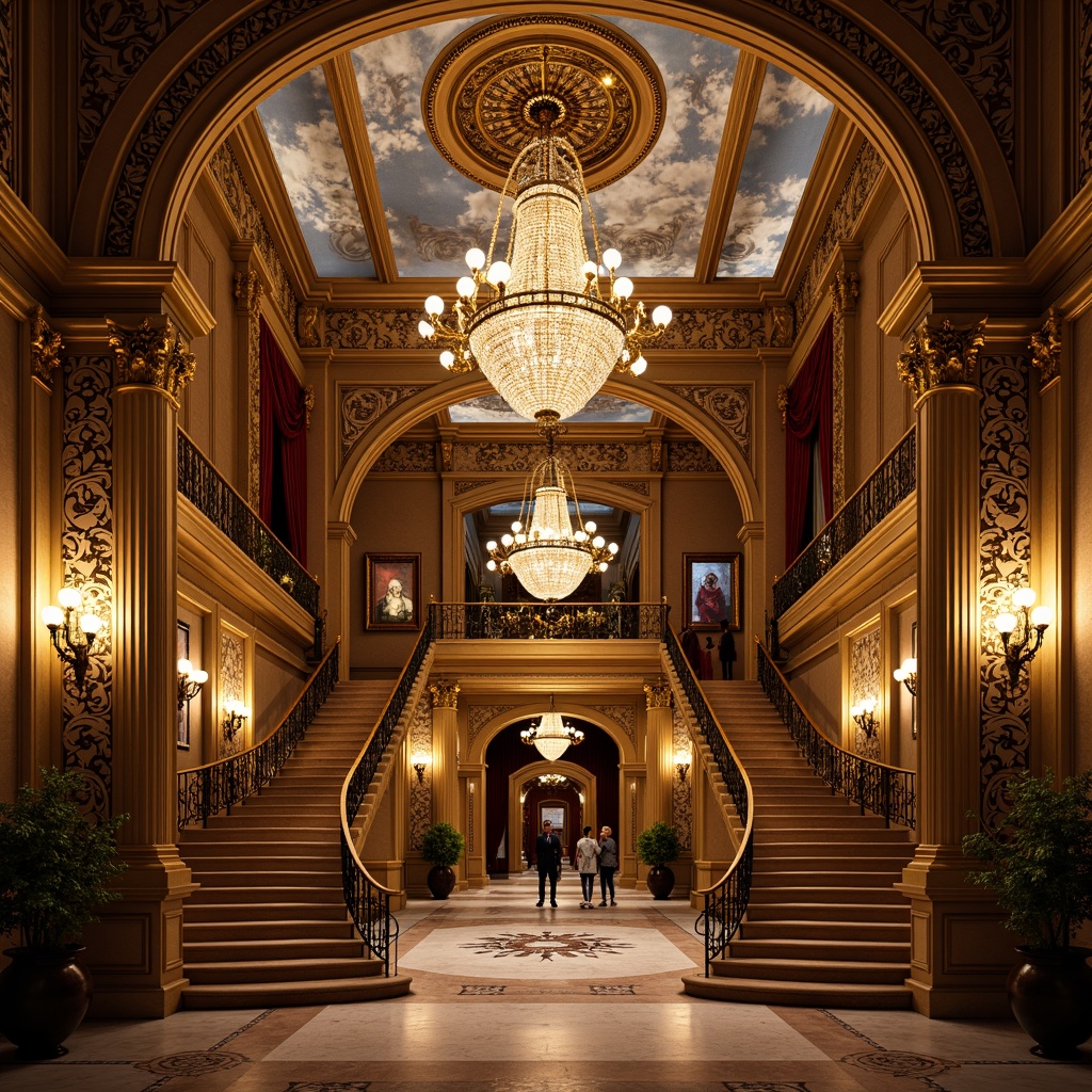 Prompt: Intricate ornateness, flowing curves, botanical patterns, grandiose staircases, lavish chandeliers, ornate metalwork, gilded accents, velvet drapes, intricate moldings, fresco ceilings, grand ballrooms, majestic entrance halls, sweeping archways, dramatic spotlights, cinematic close-ups, shallow depth of field, 1/1 composition, warm golden lighting, realistic reflections, ambient occlusion.