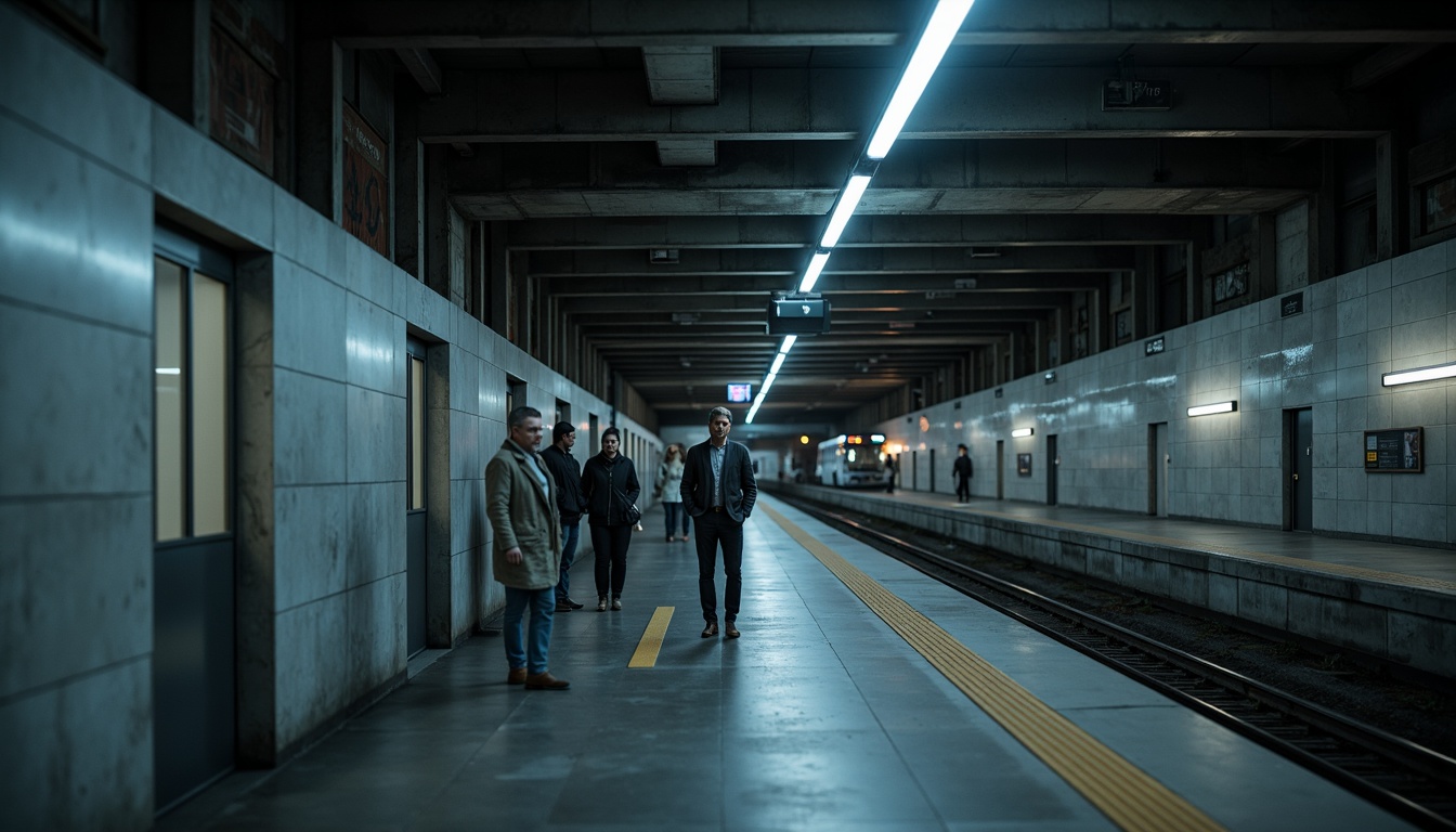 Prompt: Underground metro station, minimalistic architecture, clean lines, industrial materials, concrete walls, steel beams, modern LED lighting, soft warm glow, subtle shadows, ambient Occlusion, low-key lighting, dramatic spotlights, sleek reflective surfaces, silver metallic accents, geometric patterns, urban atmosphere, rush hour crowd, busy city life, moody color palette, dark tones, cool blue hues, cinematic mood, 2.35