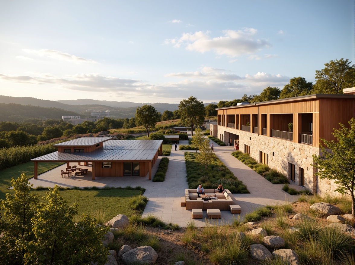 Prompt: Rustic winery, minimalist architecture, natural stone walls, reclaimed wood accents, corrugated metal roofs, weathered steel cladding, earthy color palette, lush vineyards, rolling hills, sunny afternoon, soft warm lighting, shallow depth of field, 3/4 composition, panoramic view, realistic textures, ambient occlusion.