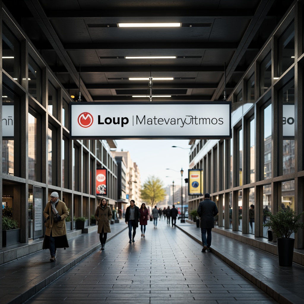 Prompt: Modern metro station, sleek signage, minimalist design, clean typography, bold font styles, bright LED lighting, stainless steel frames, glass panels, subtle branding elements, urban cityscape, rush hour atmosphere, morning sunlight, shallow depth of field, 1/1 composition, realistic textures, ambient occlusion.