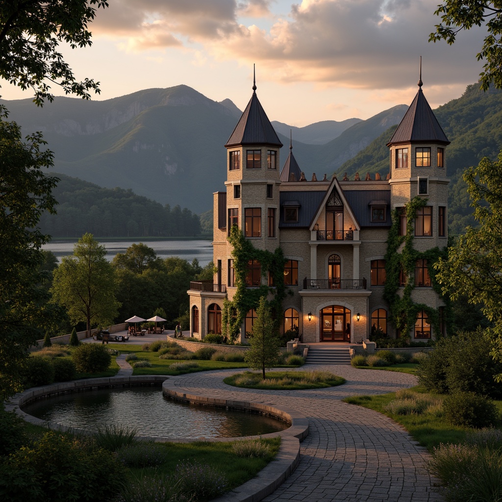 Prompt: Rolling hills, lush meadows, serene lakeside, misty mountains, rustic stone walls, ivy-covered turrets, ornate iron gates, winding cobblestone paths, lantern-lit walkways, grand entrance halls, high ceilings, stained glass windows, intricate wood carvings, plush velvet furnishings, soft warm lighting, warm color palette, natural material textures, dramatic cloud formations, warm sunset glow, 1/2 composition, symmetrical framing, cinematic depth of field.