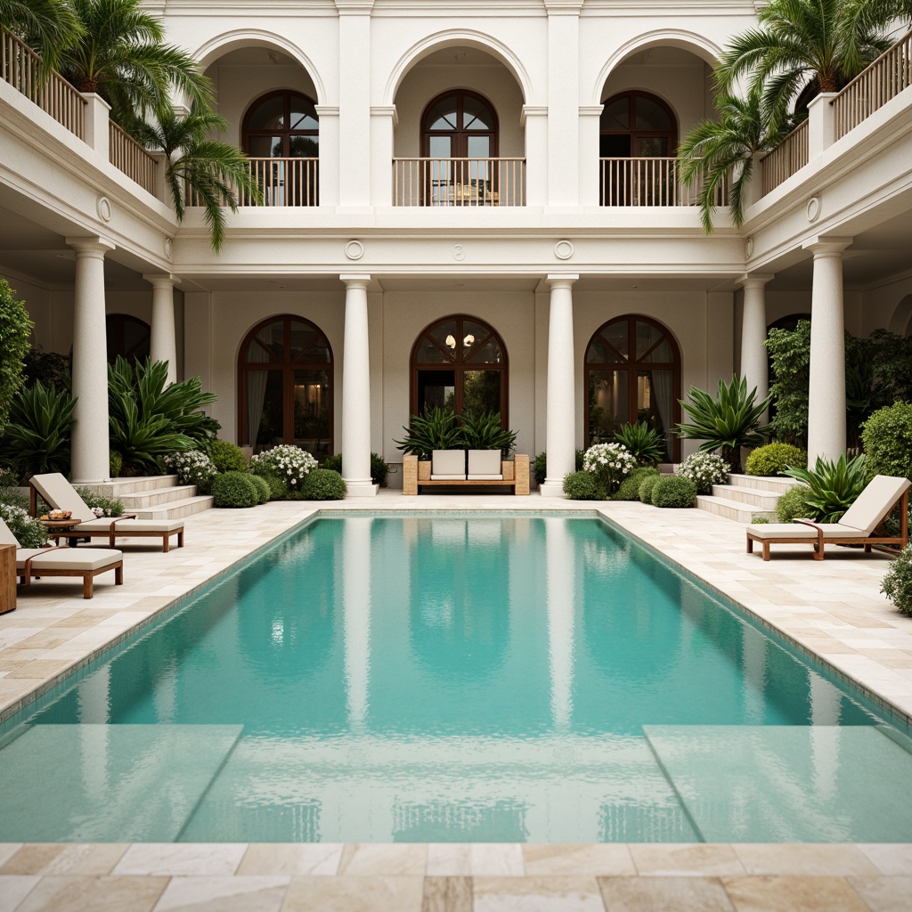 Prompt: Majestic swimming pool, creamy white marble, soft turquoise water, elegant curved lines, ornate fountains, lush greenery, surrounding columns, classic stone carvings, warm beige deck chairs, refined metal railings, subtle shading, natural light reflections, serene atmosphere, shallow depth of field, 1/2 composition, symmetrical view, realistic textures, ambient occlusion.