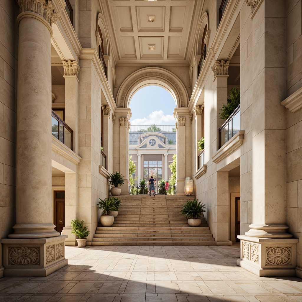 Prompt: Grand clinic entrance, Corinthian columns, ornate stone carvings, symmetrical facade, arched windows, classical pediments, rusticated base, cream-colored stucco, subtle moldings, elegant cornices, grand staircases, polished marble floors, high ceilings, soft warm lighting, shallow depth of field, 1/1 composition, realistic textures, ambient occlusion.