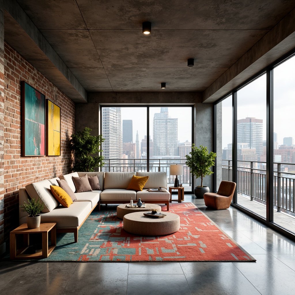 Prompt: Cozy apartment interior, experimental spatial layout, minimalist decor, industrial-chic aesthetic, exposed brick walls, polished concrete floors, sleek metal beams, modular furniture, adaptive reuse, repurposed materials, eclectic art pieces, abundant natural light, floor-to-ceiling windows, sliding glass doors, urban cityscape views, vibrant accent colors, textured rugs, geometric patterns, 1/1 composition, shallow depth of field, soft warm lighting, realistic textures.