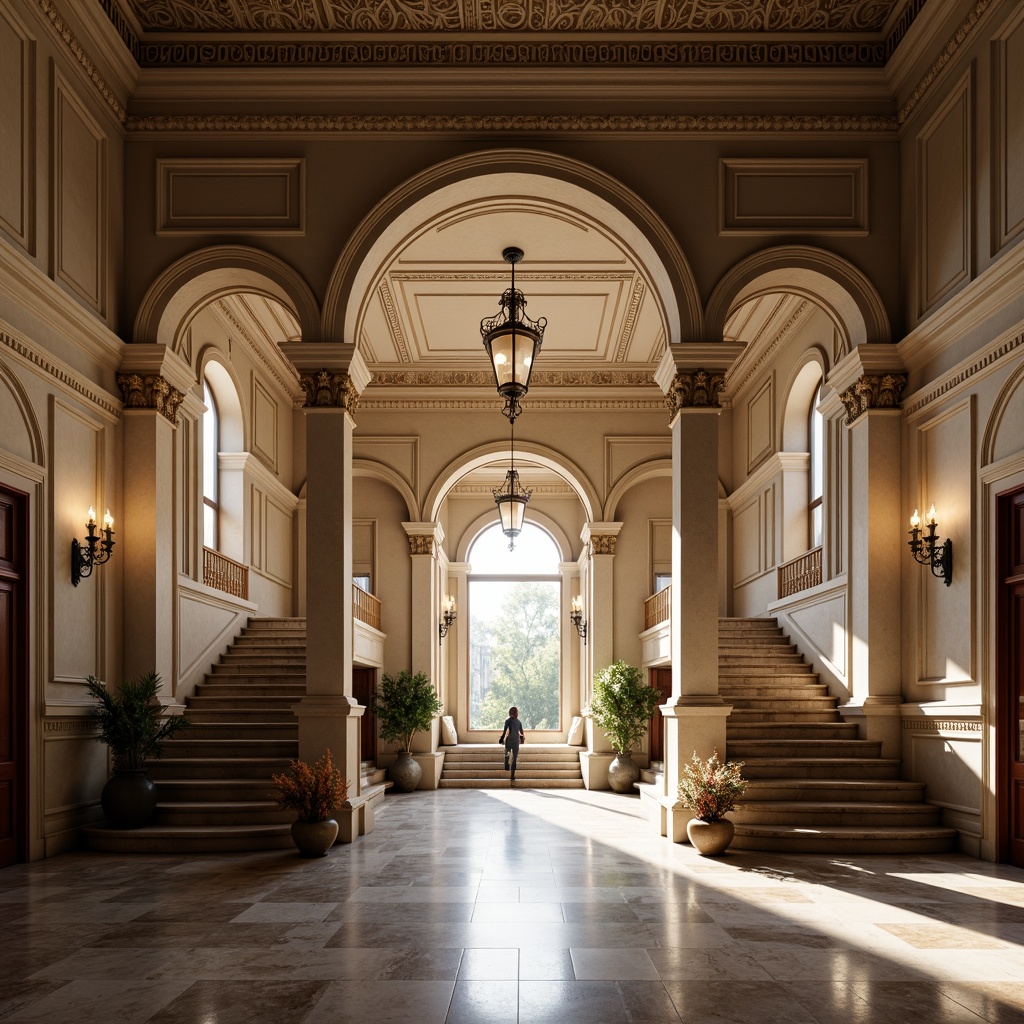 Prompt: Elegant neoclassical fa\u00e7ade, symmetrical composition, balanced proportions, ornate decorations, classical orders, Corinthian columns, intricate carvings, grand entrance, sweeping staircase, majestic archways, vaulted ceilings, rich marble flooring, subtle color palette, soft natural light, warm ambient glow, shallow depth of field, 1/1 composition, central axis alignment, perfect bilateral symmetry.