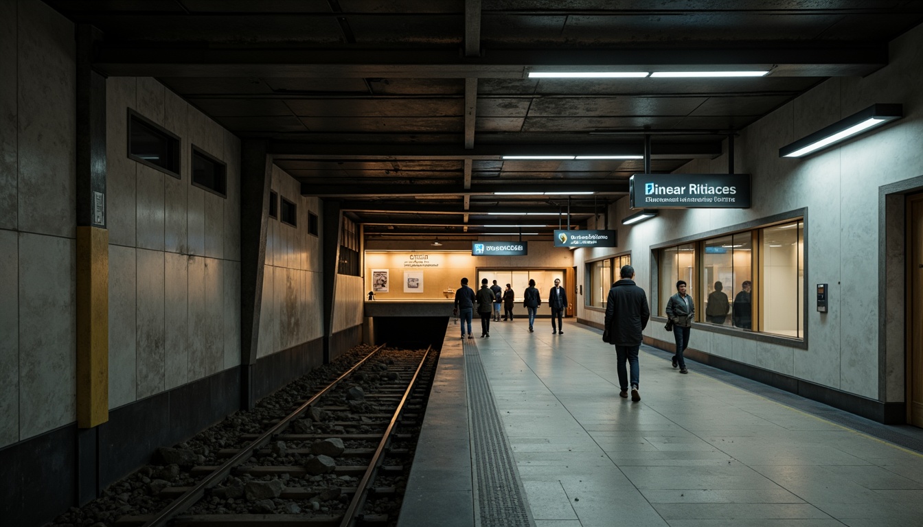 Prompt: Underground metro station, minimalistic architecture, clean lines, industrial materials, concrete walls, steel beams, functional lighting, soft warm glow, subtle shadows, diffused illumination, LED strips, recessed luminaires, sleek signage, modern typography, urban atmosphere, busy commuters, rush hour scene, shallow depth of field, 2/3 composition, high contrast ratio, realistic textures, ambient occlusion.