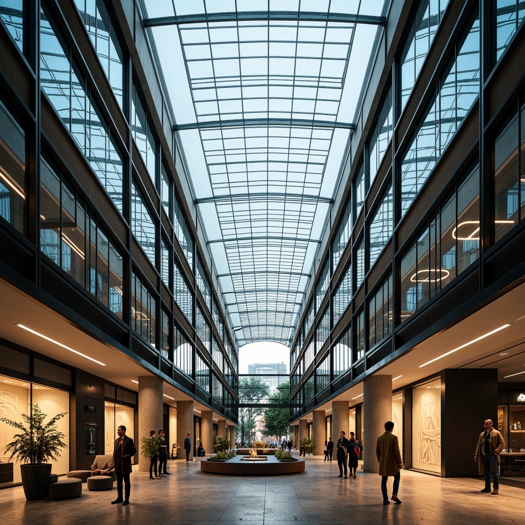 Prompt: Vibrant atrium, abundant natural light, transparent glass roof, minimalist steel framework, airy interior spaces, soft warm illumination, subtle shadows, diffused ambient lighting, LED installations, futuristic architectural design, sleek metallic accents, polished marble floors, reflective surfaces, optical illusions, dramatic contrast, high-contrast ratio, cinematic composition, shallow depth of field, 3/4 view, panoramic perspective, realistic textures, ambient occlusion.