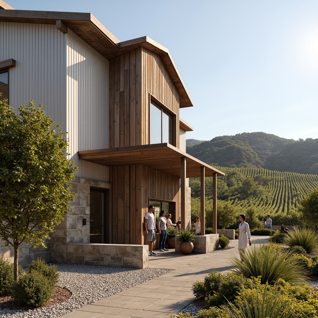 Prompt: Rustic winery facade, weathered wood accents, industrial metal cladding, natural stone walls, earthy color palette, minimalist signage, vineyard landscape, rolling hills, sunny afternoon, warm soft lighting, shallow depth of field, 1/1 composition, realistic textures, ambient occlusion, reclaimed wooden doors, steel frame windows, corrugated metal roofs, gravel pathways, lush greenery.