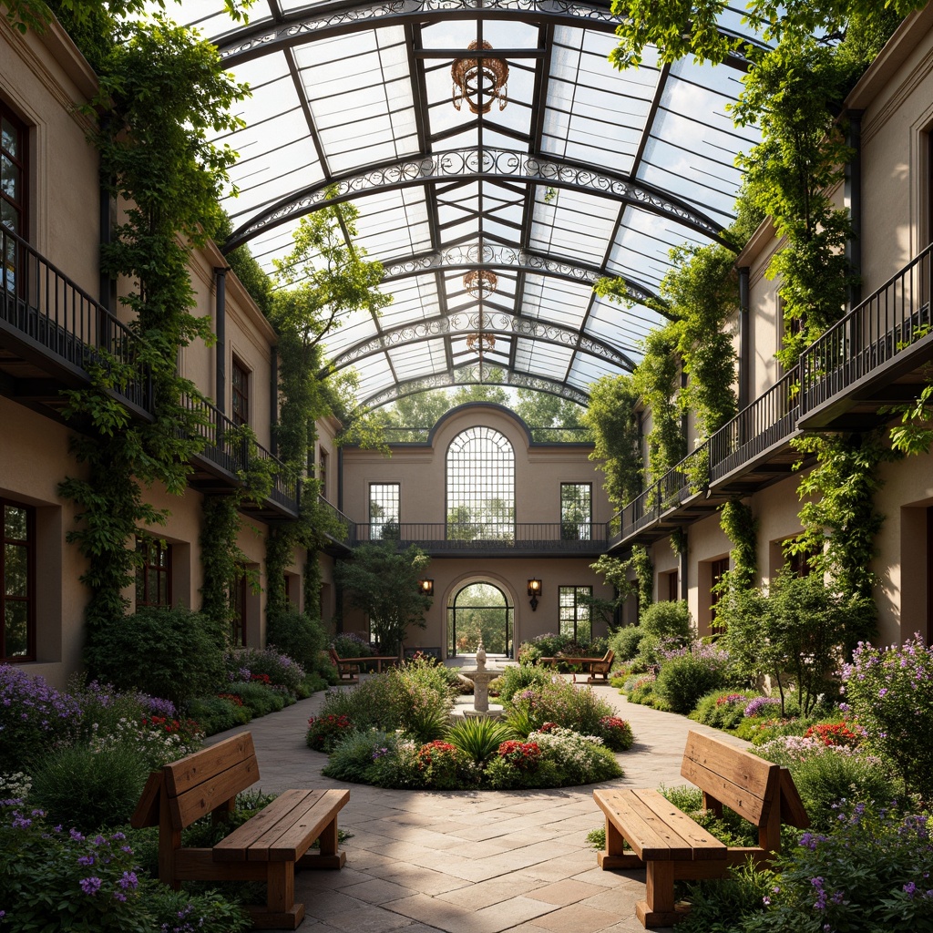 Prompt: Grandiose greenhouse, lush botanical gardens, ornate iron framework, stained glass ceilings, delicate vines, exotic flowers, natural stone pathways, rustic wooden benches, elegant fountains, soft warm lighting, abundant sunlight, shallow depth of field, 1/1 composition, panoramic view, realistic textures, ambient occlusion, Renaissance-inspired architecture, symmetrical facades, grand entranceways, ornate door handles, intricate carvings, lush green roofs, eco-friendly materials, sustainable energy solutions.