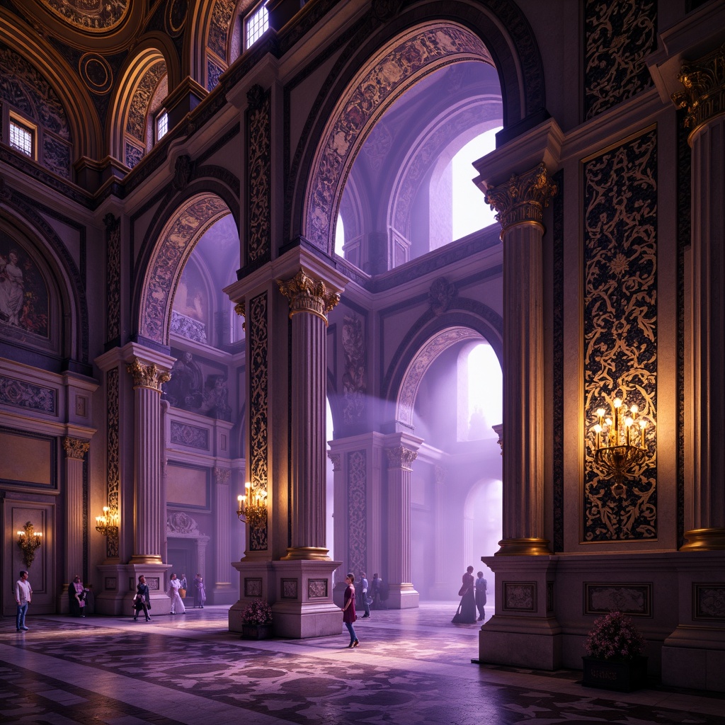 Prompt: Intricate mosaics, ornate golden accents, grand domes, majestic archways, lavish frescoes, elaborate stone carvings, intricate marble patterns, opulent fabrics, regal purple hues, warm candlelight, mystical ambiance, sacred relics, ancient artifacts, mysterious shadows, atmospheric fog, dramatic chiaroscuro, 1/2 composition, cinematic framing, detailed textures, ambient occlusion.