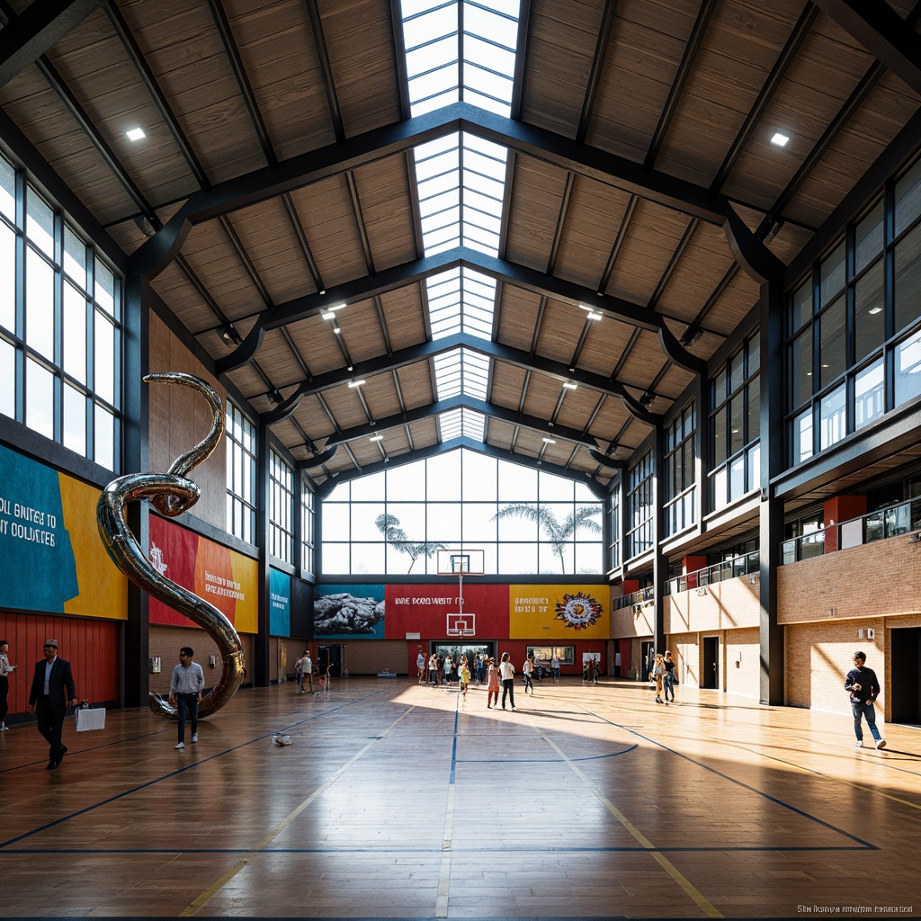 Prompt: Vibrant gymnasium interior, exposed steel beams, cantilevered roofs, large glass windows, natural light pouring in, polished wooden floors, expressionist architecture, bold geometric forms, dynamic structural elements, kinetic sculptures, suspended athletic equipment, colorful murals, inspirational quotes, motivational signs, abstract art installations, high-contrast lighting, dramatic shadows, 1/2 composition, cinematic angles, futuristic ambiance, metallic textures, atmospheric sound effects.