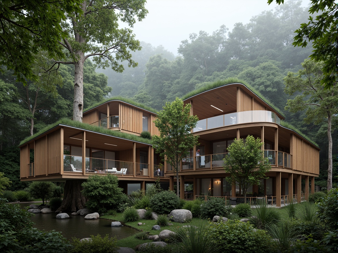 Prompt: Seamless forest integration, organic architecture, curved wooden lines, natural stone foundations, lush green roofs, cantilevered structures, floor-to-ceiling windows, transparent glass facades, rustic metal accents, reclaimed wood textures, earthy color palette, misty morning atmosphere, soft diffused lighting, atmospheric fog effects, 1-point perspective composition, symmetrical framing, ambient occlusion.