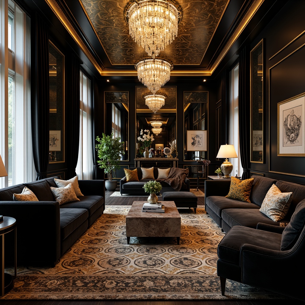 Prompt: Luxurious living room, ornate metallic accents, geometric patterned rugs, lavish velvet sofas, crystal chandeliers, marble coffee tables, richly textured walls, opulent curtains, glamorous Hollywood Regency-style furniture, bold black and gold color scheme, dramatic floor-to-ceiling windows, sophisticated ambient lighting, 1/1 composition, cinematic atmosphere, high-contrast renderings.