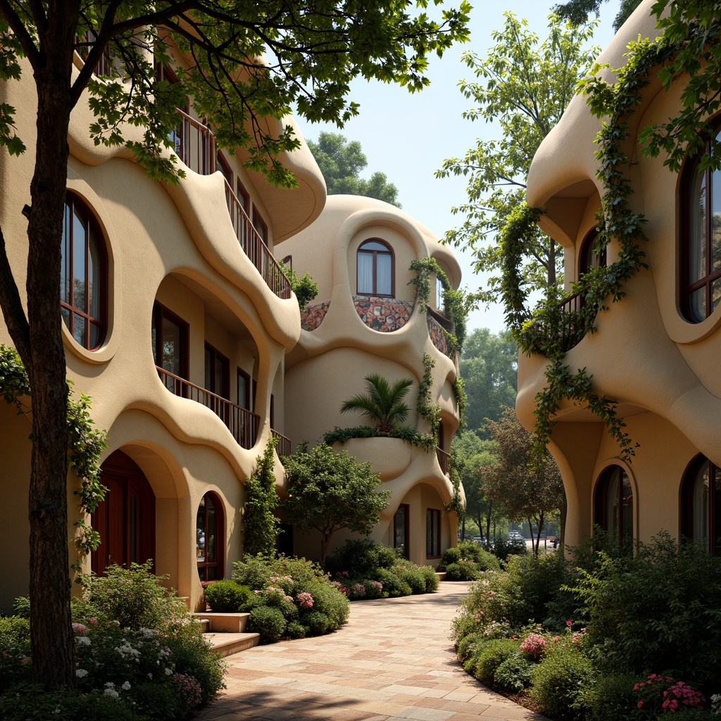 Prompt: Whimsical Art Nouveau buildings, sinuous lines, organic forms, flowing curves, botanical patterns, ornate decorations, stained glass windows, intricate mosaics, lush greenery, blooming flowers, winding vines, natural stone walls, rustic wooden accents, earthy color palette, warm golden lighting, dramatic shadows, atmospheric perspective, 1/2 composition, soft focus, romantic ambiance.