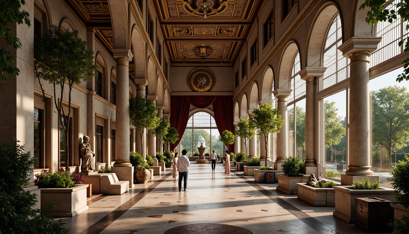 Prompt: Ornate Renaissance palace, grandiose columns, intricately carved stone facades, ornamental fountains, lush greenery, vibrant flowers, decorative statues, rich velvet drapes, golden accents, luxurious marble floors, high ceilings, large windows, stained glass, warm soft lighting, shallow depth of field, 3/4 composition, realistic textures, ambient occlusion.