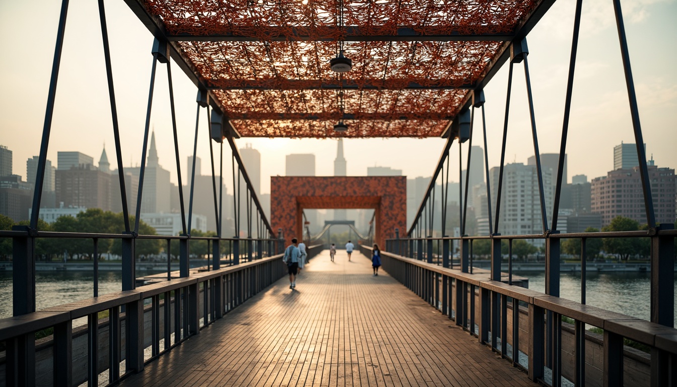 Prompt: Woven fabric, mesh texture, suspension bridge, pedestrian pathway, urban landscape, modern architecture, steel cables, wooden planks, glass railings, transparent canopies, natural ventilation, warm ambient lighting, shallow depth of field, 1/1 composition, realistic materials, soft shadows, misty morning, vibrant cityscape.