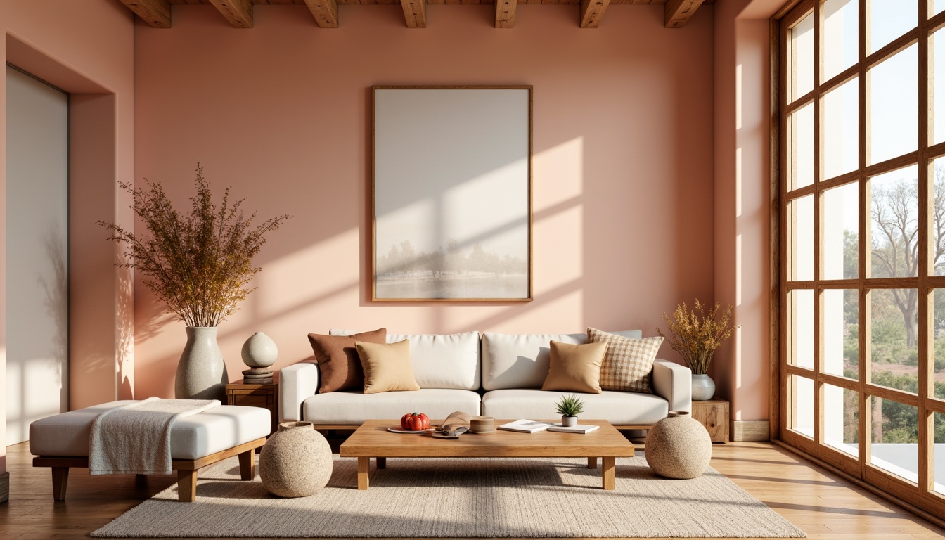 Prompt: Warm peach tones, soft blush hues, creamy whites, rich wood accents, natural stone textures, minimalist decor, modern rustic furniture, cozy reading nooks, plush throw blankets, vintage decorative items, earthy ceramic vases, delicate flower patterns, warm golden lighting, shallow depth of field, 1/1 composition, intimate atmosphere, realistic renderings, ambient occlusion.