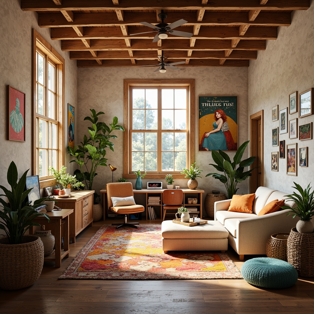 Prompt: Vibrant artistic studio, natural wood accents, earthy color tones, soft pastel hues, calming atmosphere, creative workspaces, eclectic furniture, inspirational quotes, artistic expressions, colorful rugs, woven textiles, organic shapes, warm lighting, cozy nooks, 1/1 composition, shallow depth of field, realistic textures, ambient occlusion.